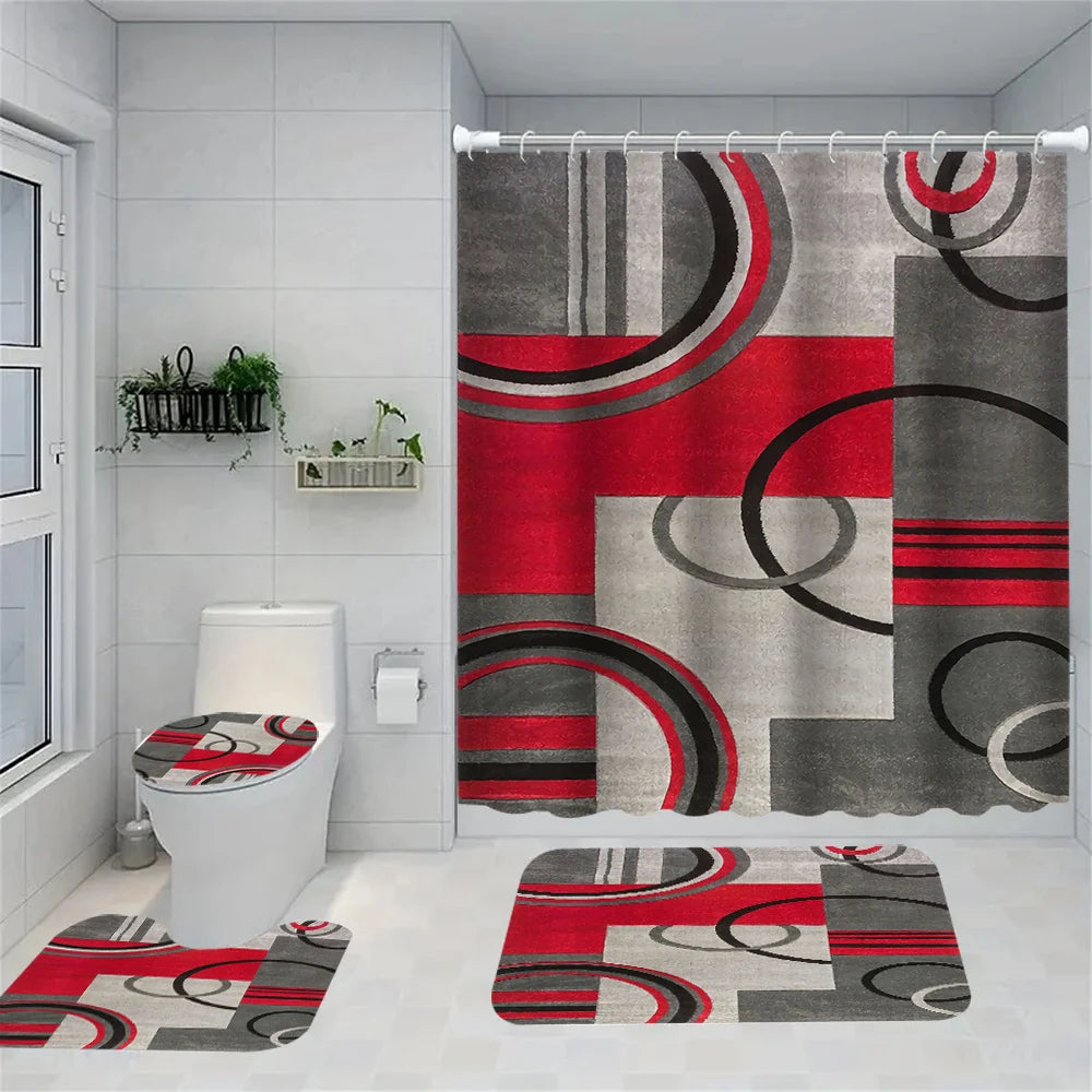 1/4 Geometric stripes shower Curtains, Toilet Seat Decoration, Shower Curtain with Carpet and Toilet Lid, 12 70.8x70.8 inch Hook