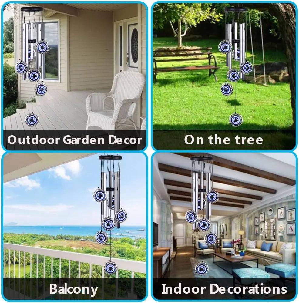 Blue Evil Eye Wind Chimes for Outdoor Decor, Handmade with 5 Aluminum Tubes, Perfect Gift for Home Garden Patio
