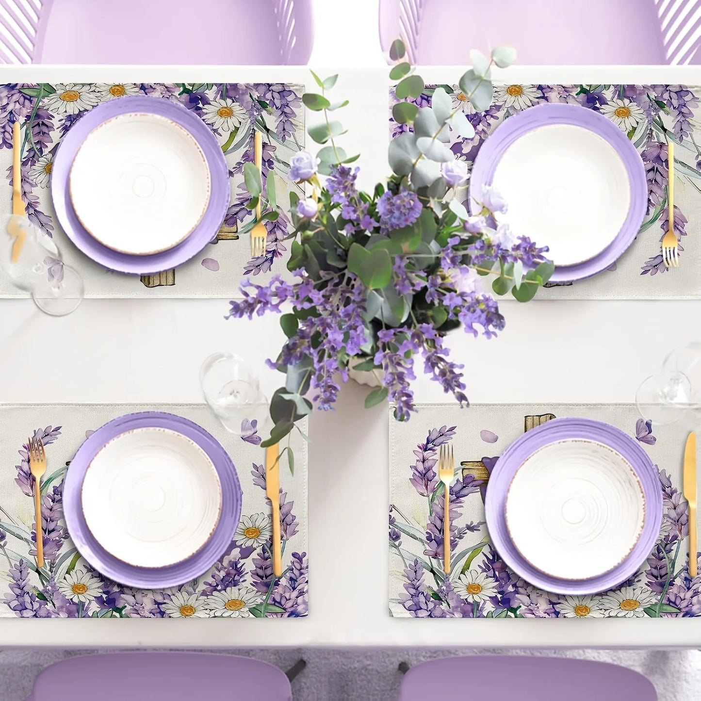 4pcs, Placemats, Easter Religious Cross Flower Pattern Table Mats Set, Spring Summer Lavender Daisy Floral Faith Christian Dining