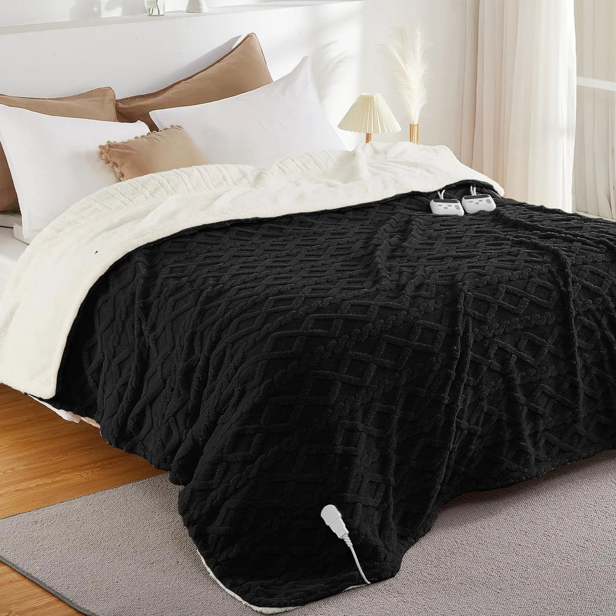 Queen Size Electric Heated Blanket 84"x90", Dual Control Fast Heating Thick Tufted Sherpa 10 Heat Levels 10 Time Settings Auto Off ETL Certified Overheat Protection Machine Washable for Bed Winter, Black/Gray