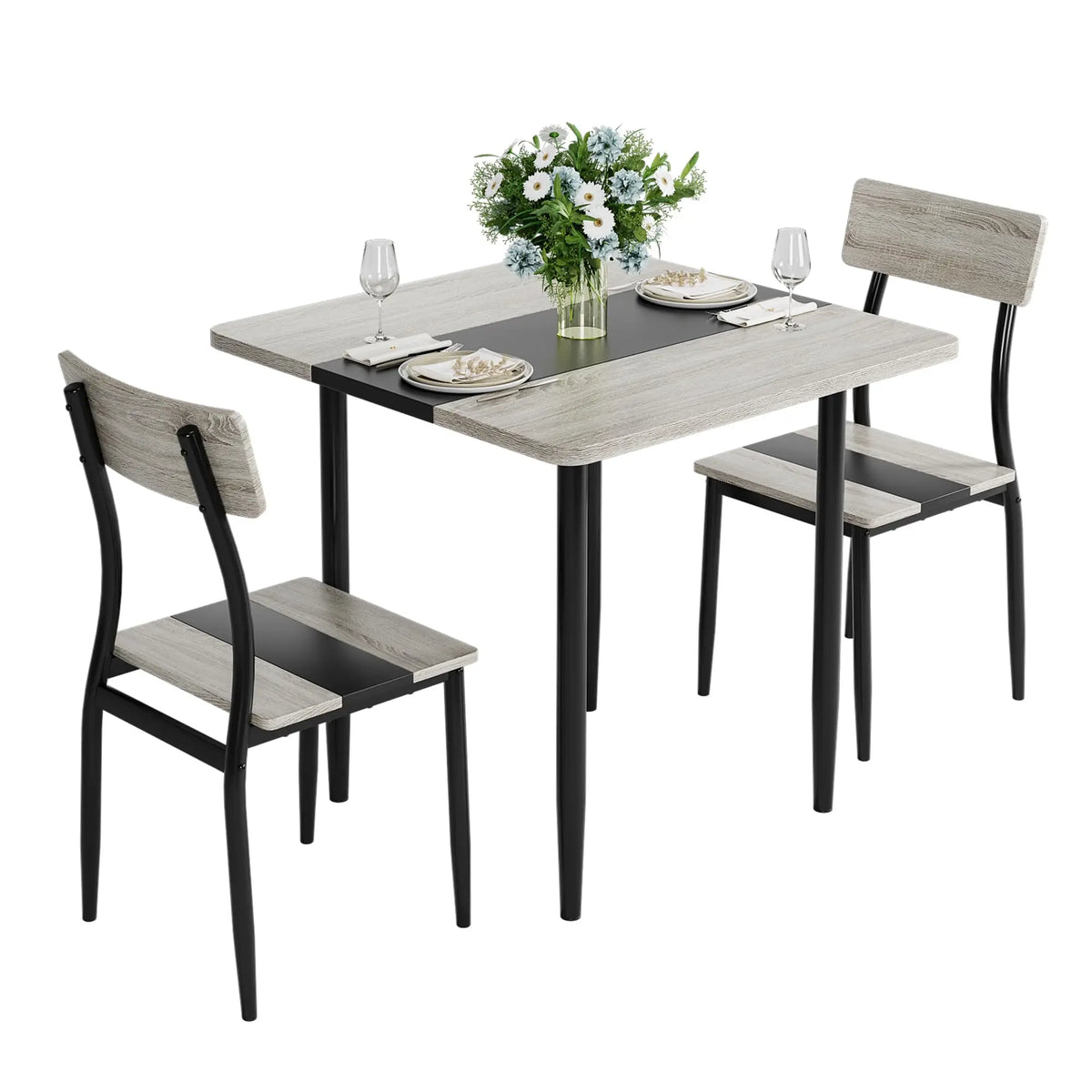 3-Piece Dining Table Set For 2, Small Kitchen Table With 2 Chairs, Two-Tone MDF Top, Metal Frame, Space Saving Apartment Dining