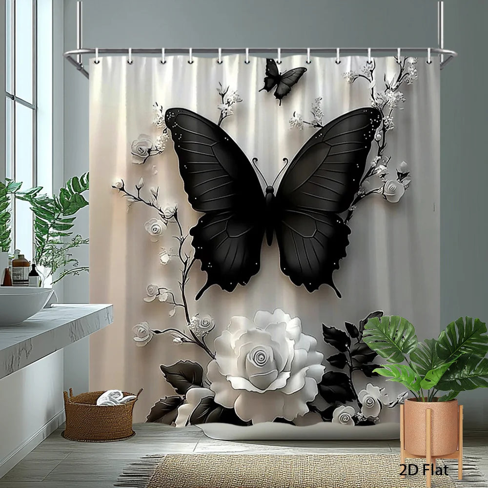 2D Flat Butterfly Floral Shower Curtain Rose Bathroom Decor Polyester with Hook
