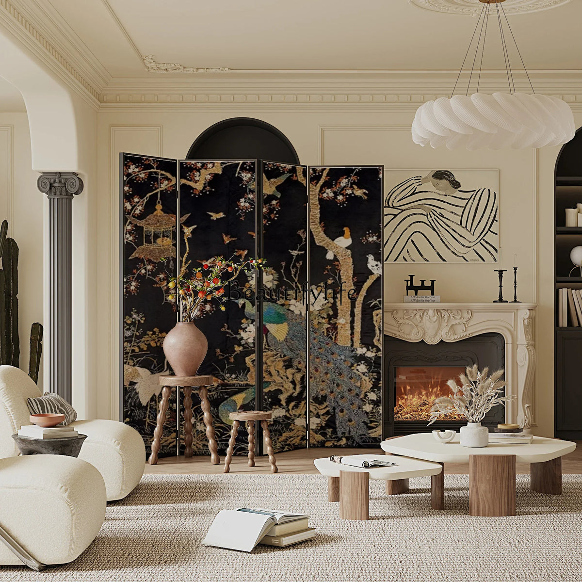 56French retro screen partition living room entry background mobile folding entrance flowers and birds