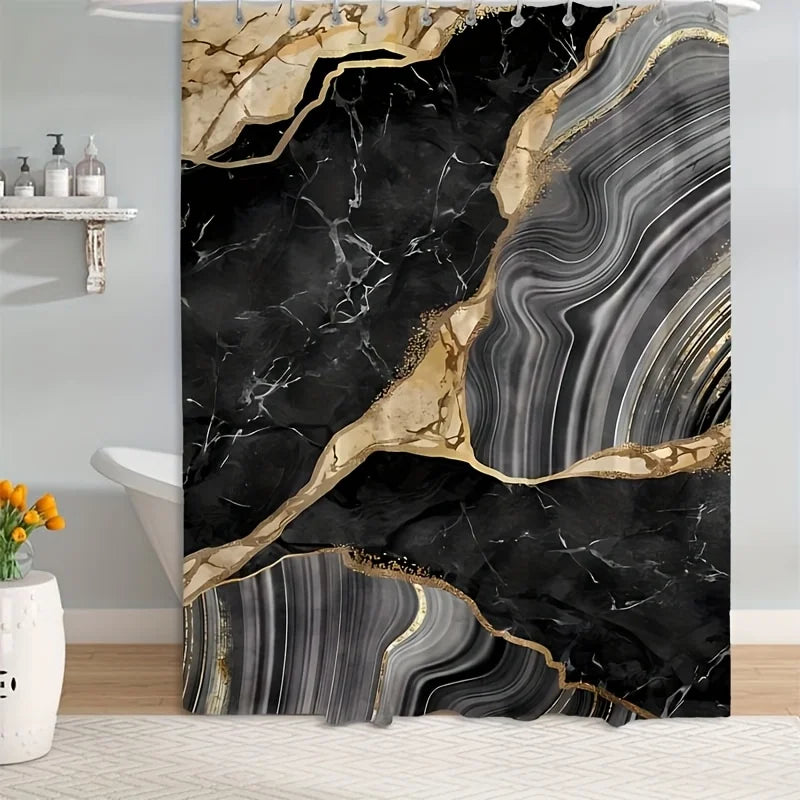 1or4 Piece Black Marble Shower Curtain Set - Modern Abstract Texture Bathroom Decor - Washable Fabric Curtain - Rugs and Cover