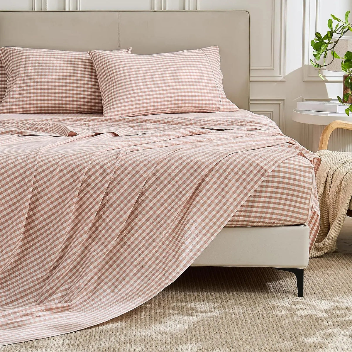 Gingham Sheet Set: 100% Washed Cotton, Linen-Like Texture, Breathable and Soft, 3/4-Piece Set, Plaid Checkered Bed Sheets, 15" Deep Pocket,Twin/Twin XL/Full/Queen/King/California King