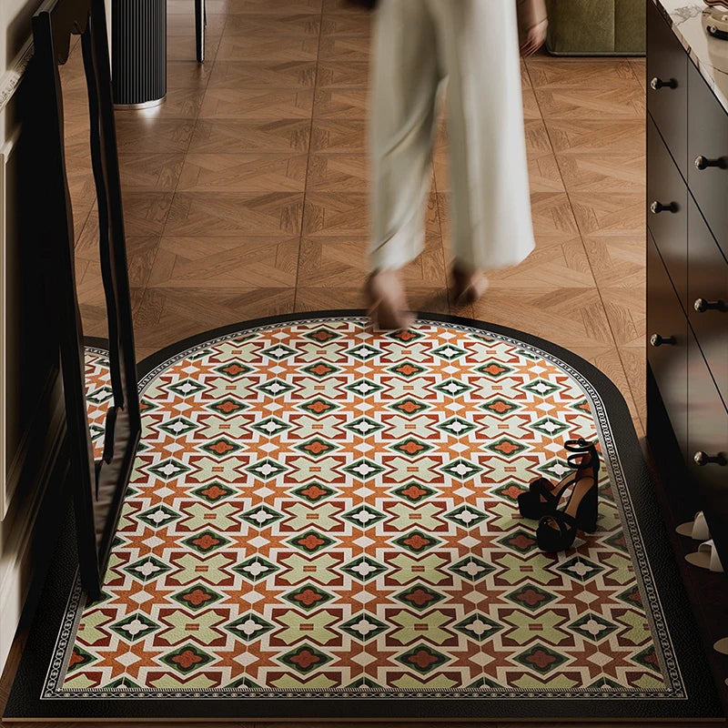 Entrance Door Mat Anti-slip Waterproof Dirt-resistant Carpet Retro Green Plaid Pvc Leather Rug Semicircle Home Decor Floor Mats