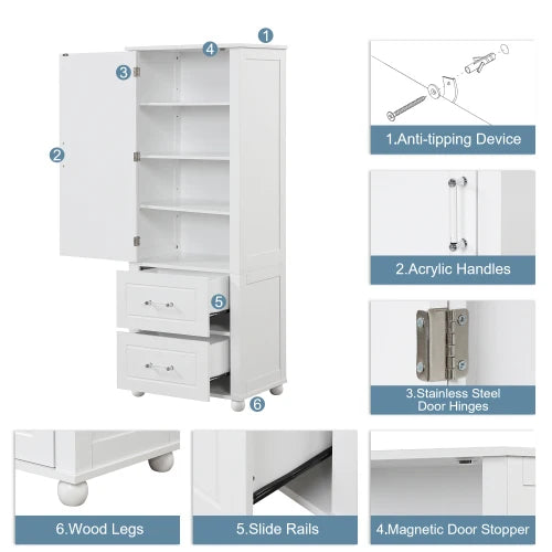 Tall Bathroom Storage Cabinet, Freestanding Storage Cabinet with Two Drawers and Adjustable Shelf, MDF Board with Painted Finish