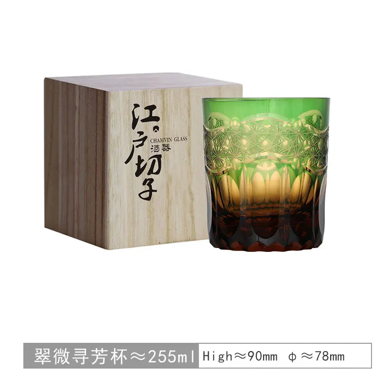 Chamvin Japanese Edo Kiriko Stellar Pulse Whiskey Glass , Hand Carved, Wooden Box Gift, Thick Bottom Wine Glass