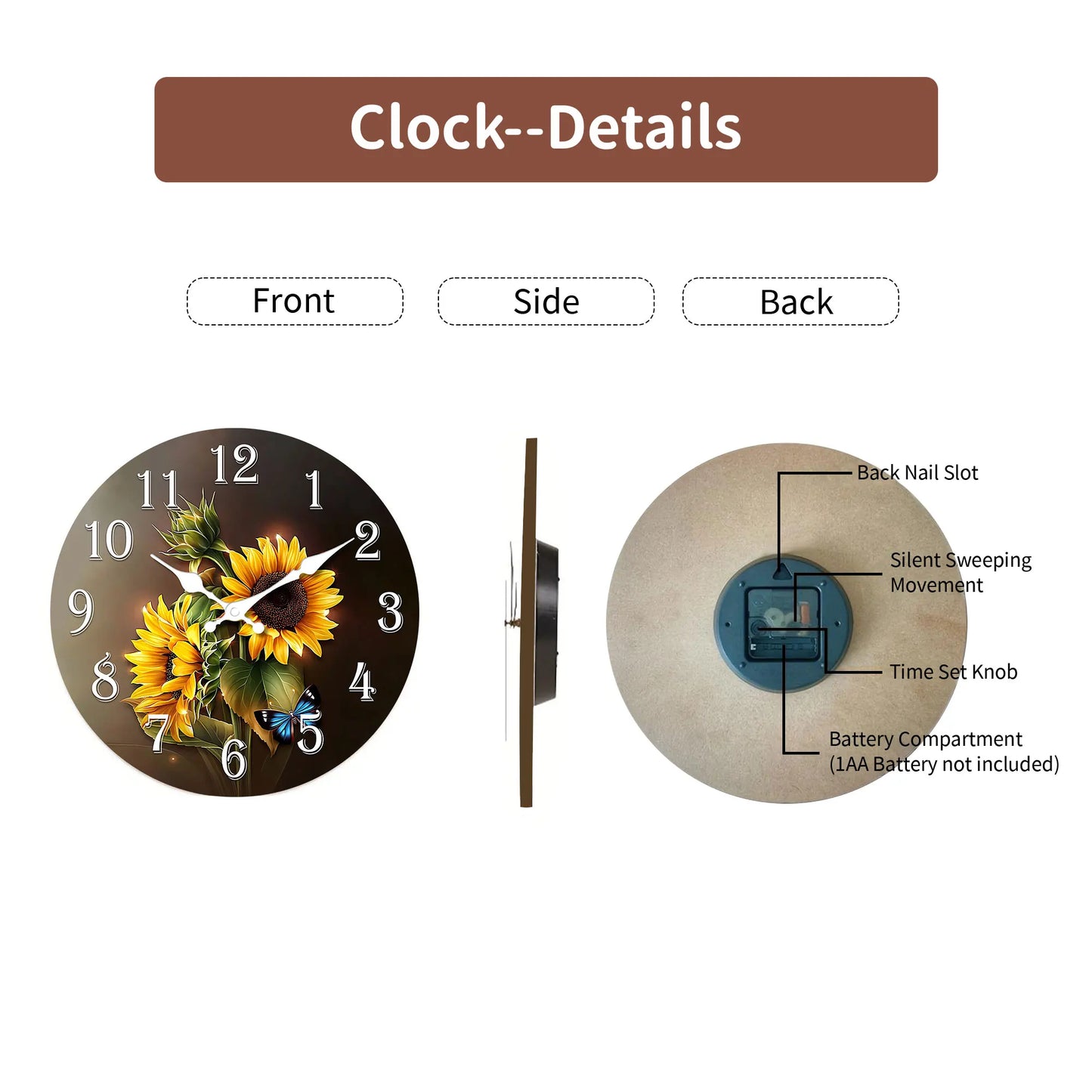 1pc wooden wall clock, beautiful sunflower and blue butterfly design wall clock, silent clock - suitable for living room bedroom
