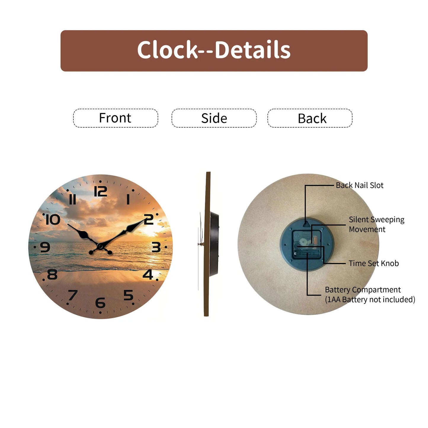 Sunset on the beach with Sea view Silent wall clock, round wooden wall clock, suitable for living room bedroom, room decoration,