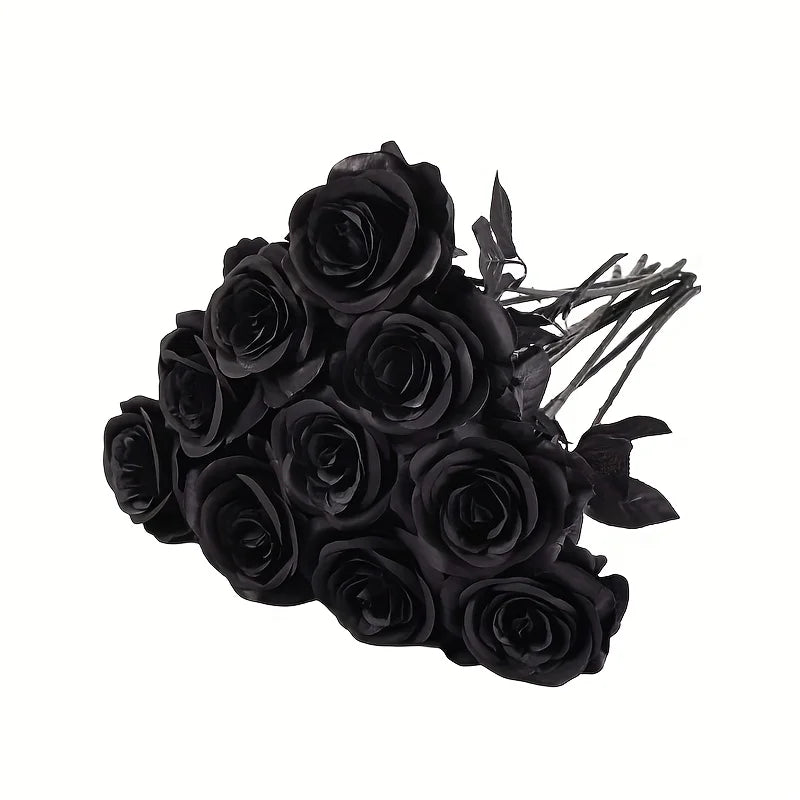 Artificial Black Roses Fake Flowers, Long Stem, with No Container, for Halloween, Home Decor, Tabletop