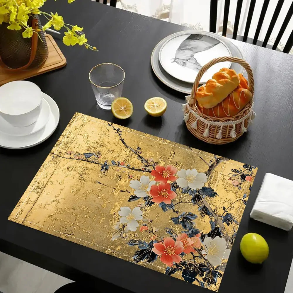 Stylish Japanese Golden Floral Design Placemats Trendy Printed Table Mats Suitable for Dining Tables Kitchens Parties Indoor Use