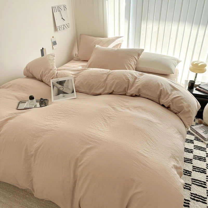 Solid Bed Linen Cotton Bedding Set with Sheet, Duvet Cover, Pillowcase, Single/Couple Bedsheet, King Queen Double Twin Size