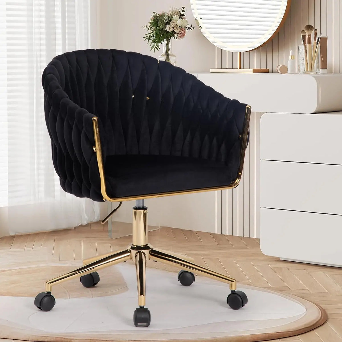 Cute Fabric Rolling Chair Vanity Office Desk Chair with Back Wheel Pink, Customized