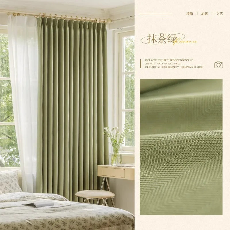 Modern Simple Jacquard Chenille Curtains for Living Room Bedroom Matcha Green Fabric Blackout Thickened Textured Luxury Custom