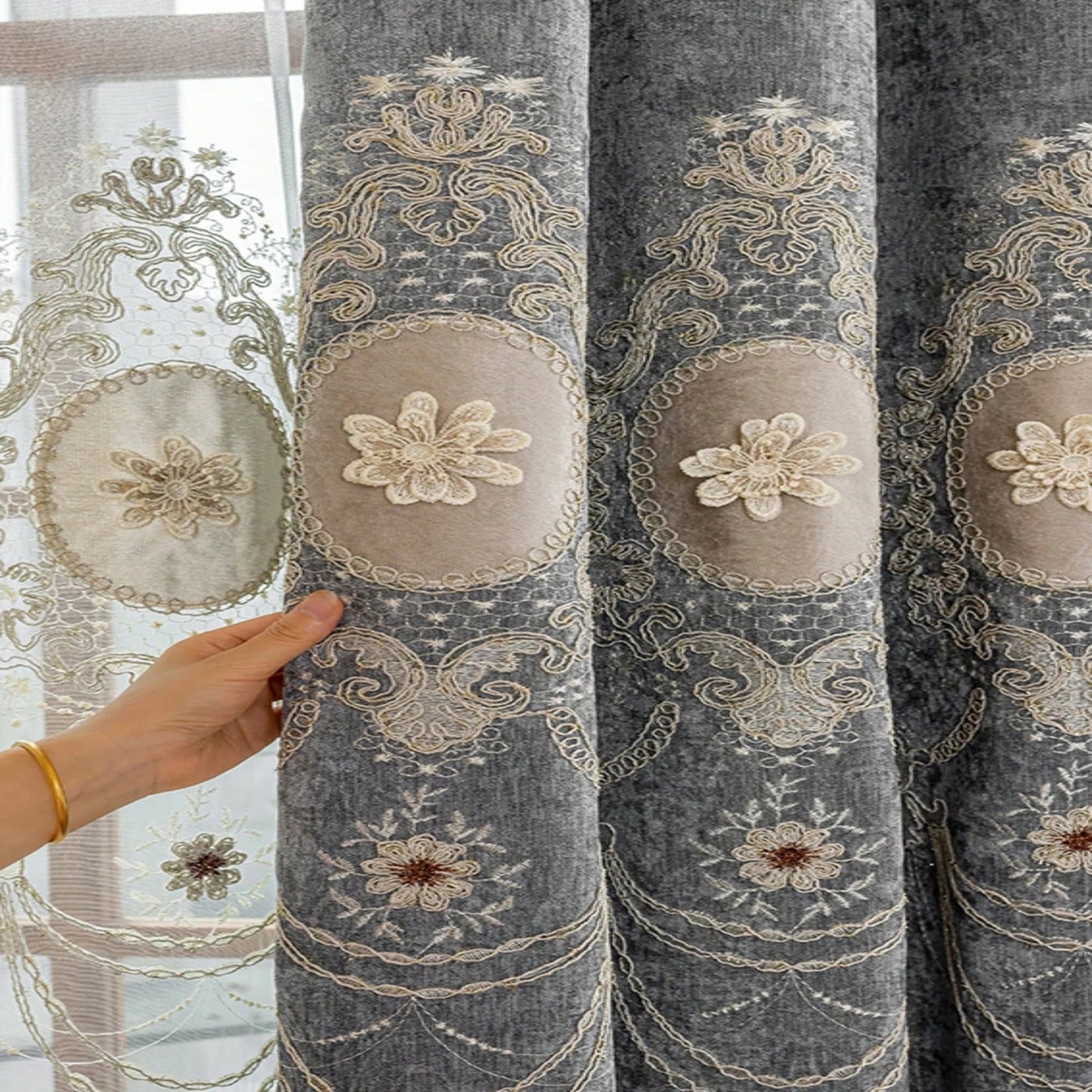 1pc Luxury European Style Chenille Floral Curtains,Light Blocking Embroidered Drapes for Living Room,Bedroom,High-End Home Decor