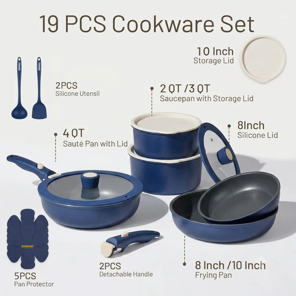 Donnor 19PCS Detachable Handle Cookware Set, Non-Stick Die-Cast Aluminum Pots and Pans Set for Induction, Home Kitchen