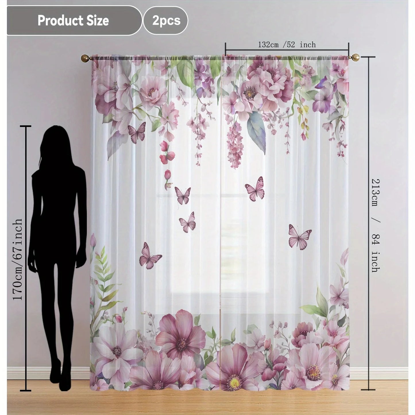 2 Pcs Elegant Pink Floral & Butterfly Curtains – Home Decor for Kitchen Cafe Living Room Dining Room Balcony Bedroom