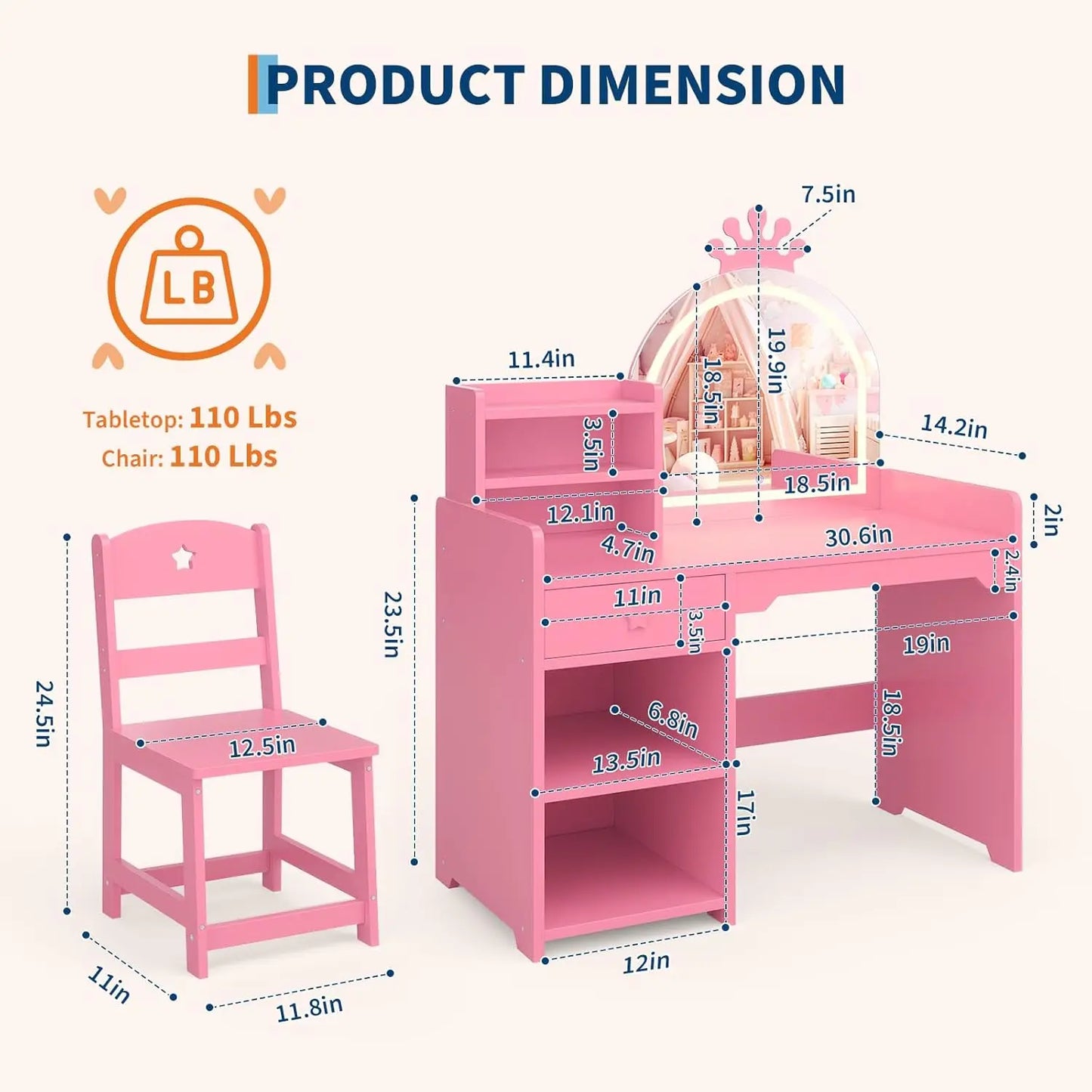 LED Crown Mirror Kids Vanity Table & Chair Set - Storage Cabinet, Open Bookshelf, Drawer, 2-in-1 Princess Makeup Desk, Easy Assembly, Bedroom or Playroom Furniture