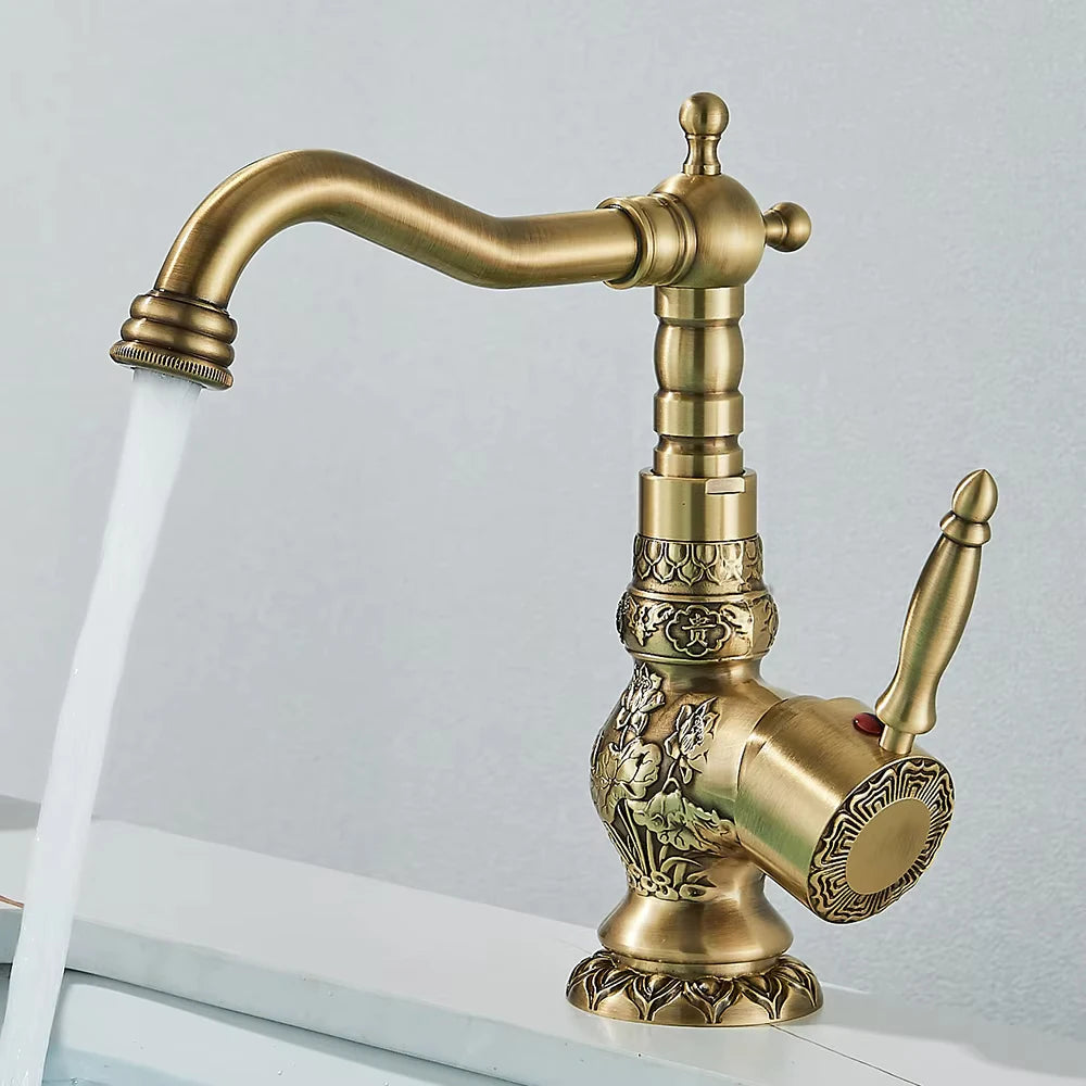 Basin Faucets Antique Brass Faucet Basin Carving Tap Rotation Single Handle Tap Mixer Taps Bathroom Vessel Sink Faucet