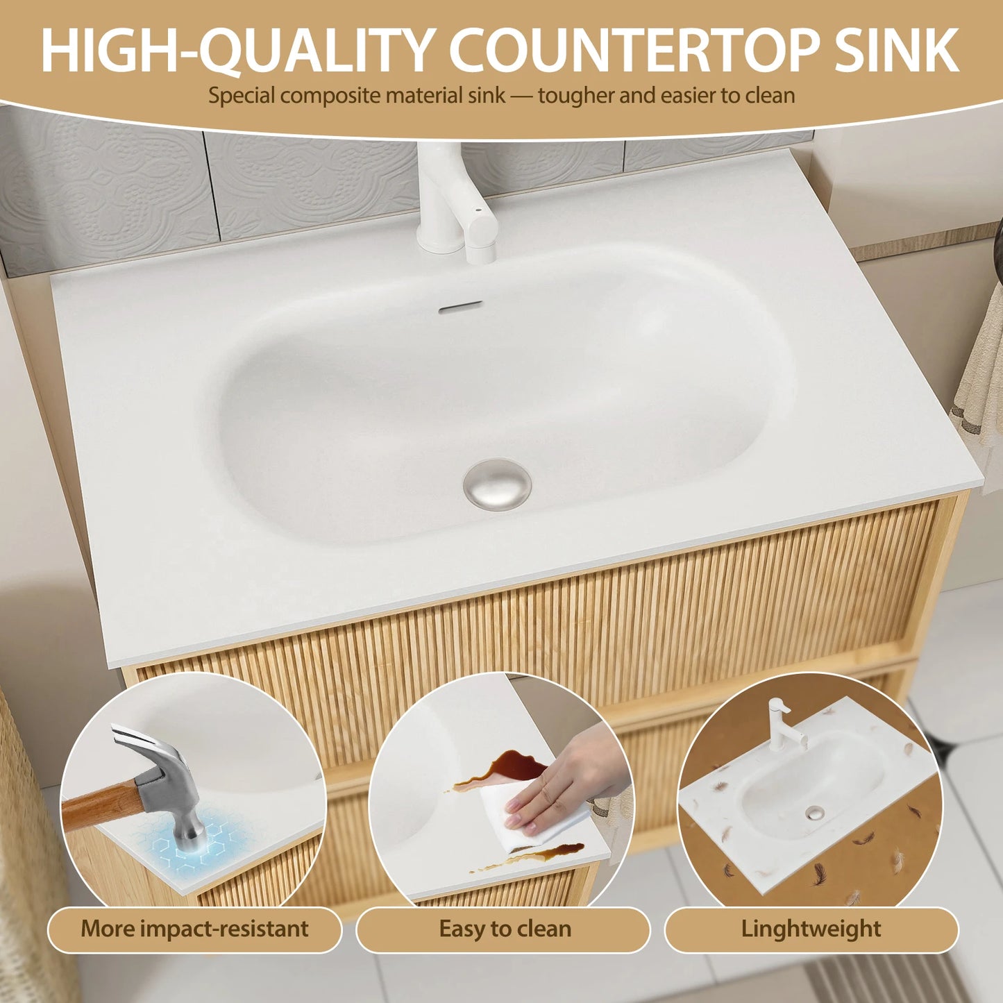 40-Inch Floating Bathroom Vanity with Sink, Natural Oak Fluted Front, Multi-Layer Solid Wood, Wall-Mounted, White Stone Top