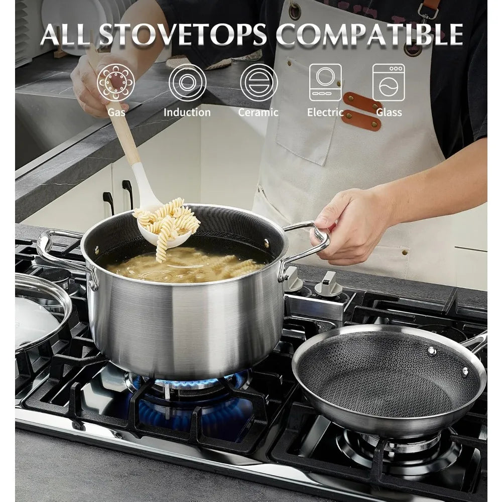 US Shipping Triply Stainless Steel Cookware Set 10 Piece Nonstick Hybrid Pots and Pans Set with Honeycomb Interior 18/10