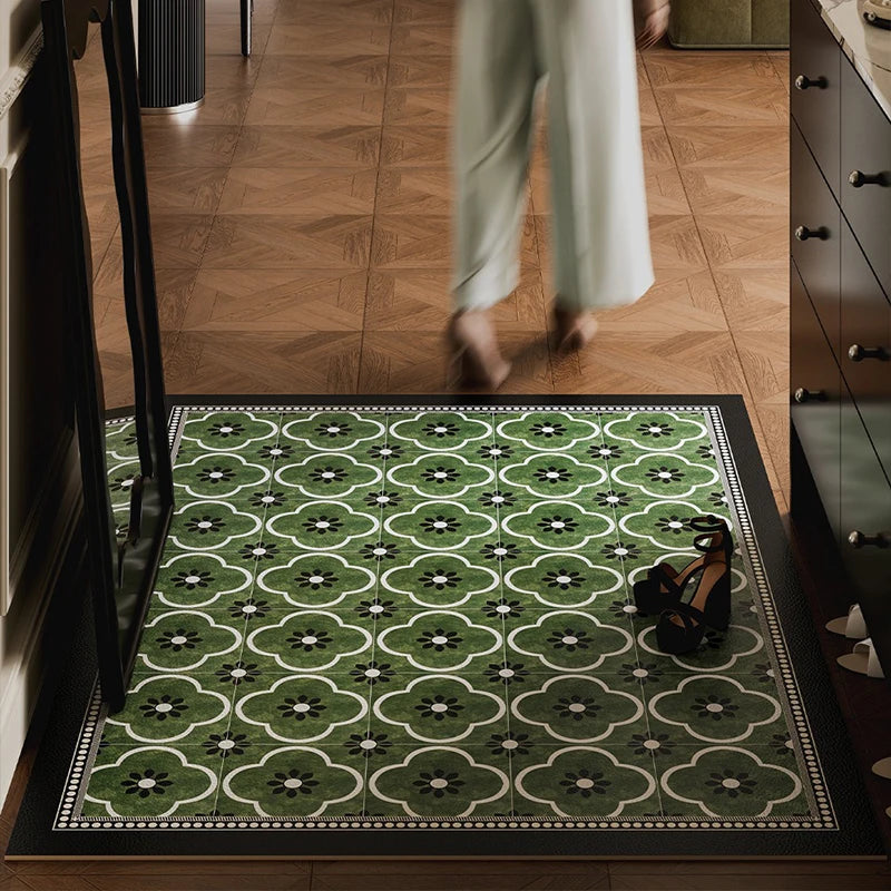 Entrance Door Mat Anti-slip Waterproof Dirt-resistant Carpet Retro Green Plaid Pvc Leather Rug Semicircle Home Decor Floor Mats