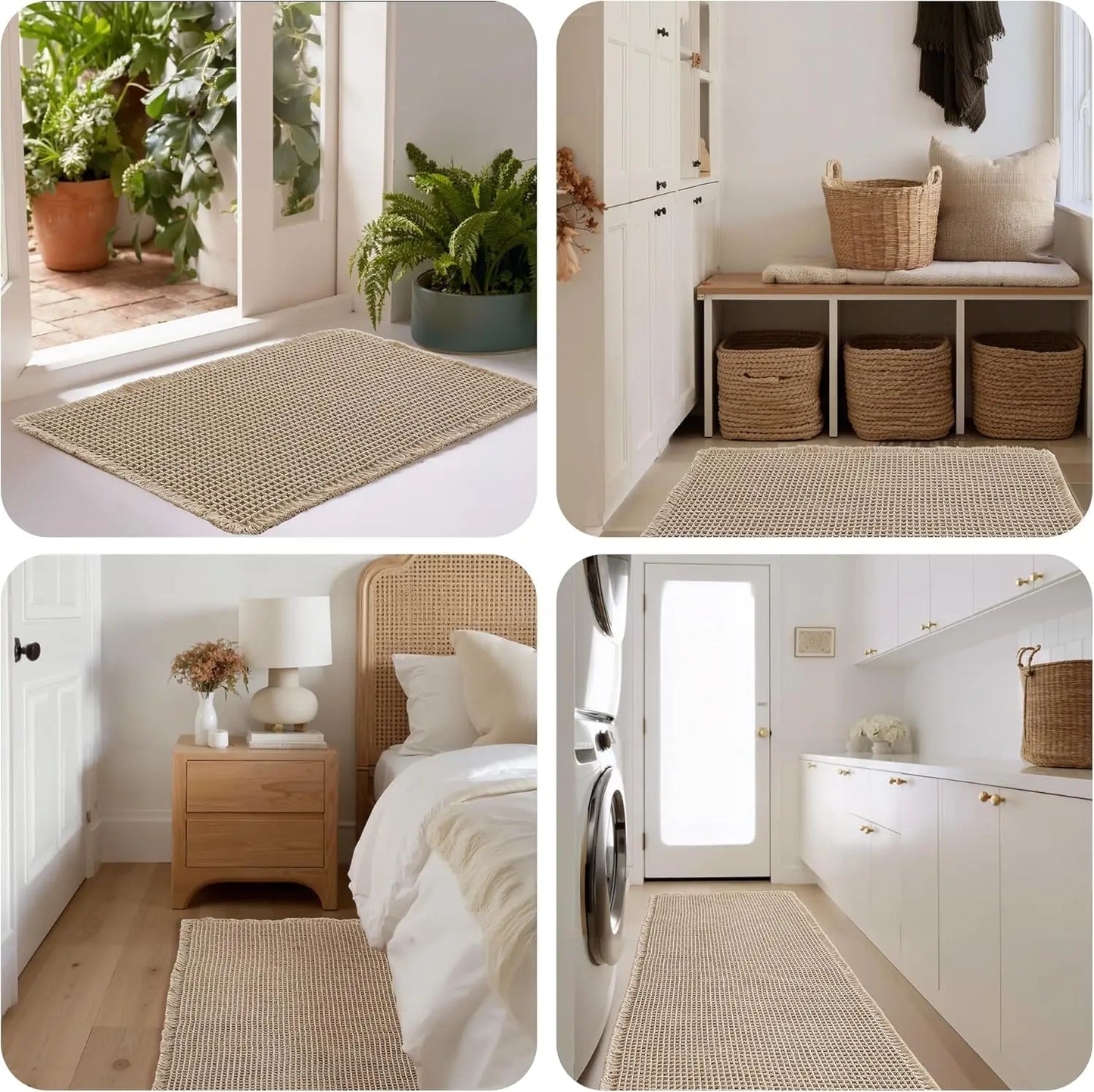 Non Slip Waffle Brown Bathroom Rugs, Super Absorbent Quick Dry Soft Washable Small Bath Mat with Tassels for Bathroom Floor