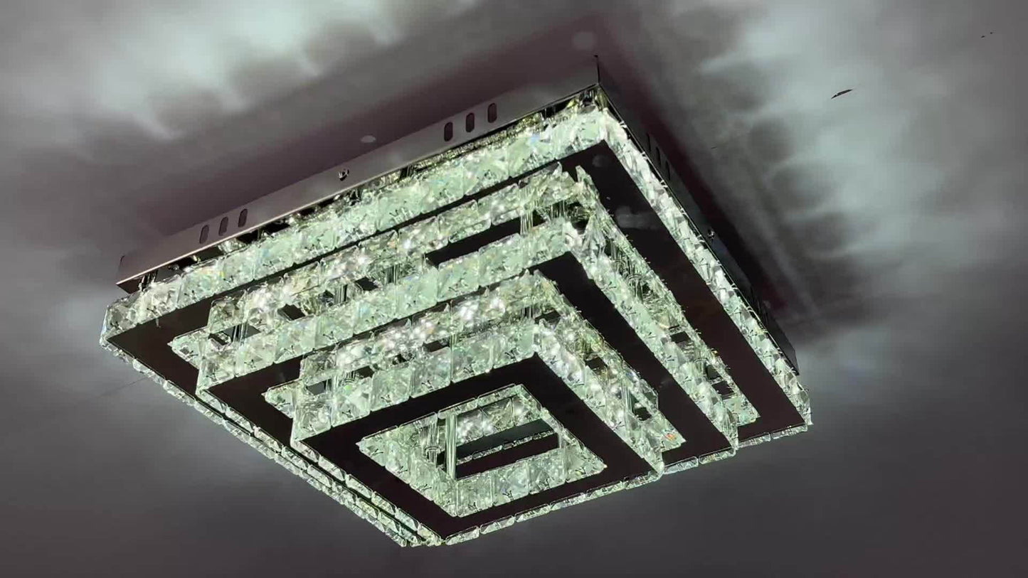 15” Modern Crystal Ceiling Chandelier - 3-Tier Flush Mount Suitable for Living Room & Dining Room, Crystal- Layered Fixture with -Controlled Light, Embedded Ceiling Lamp (No Additional)