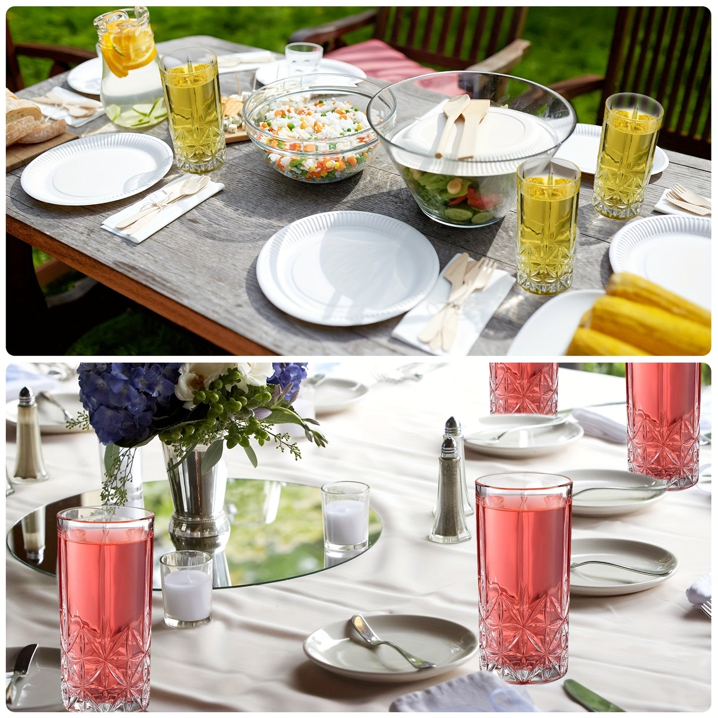 Set Of 12 Tall Highball Glasses 12oz Crystal Drinking Glasses Clear Fancy Glass Cups Vintage Textured Designer Glassware for Roostertail Tea Water Beer Soda Beverages, Dishwasher Safe, easter and wedding gift