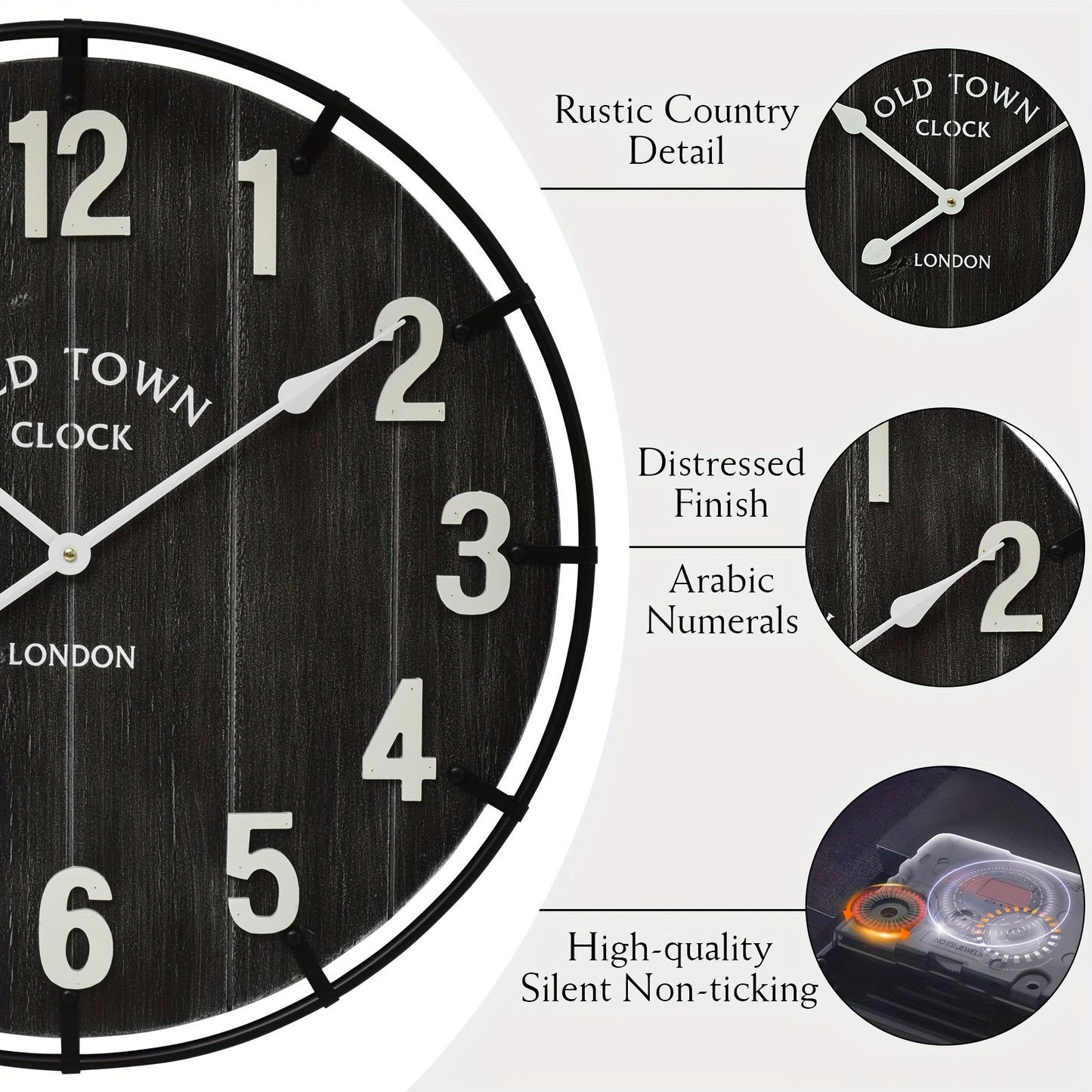 Large Farmhouse Wall Clock – 24 Inches Old Town Rustic Antique Wood With Metal Circle And Large Numerals, Silent Battery Operated Clock For Office, Kitchen, Bedroom, Living Room