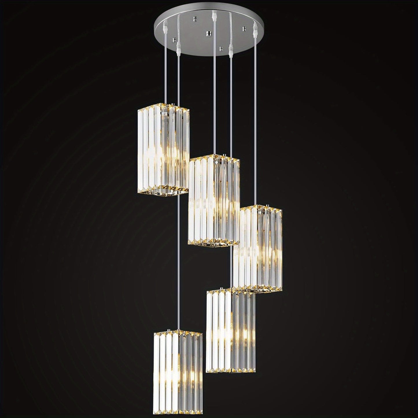 5-Light Modern Rectangular Crystal Pendant Light Fixture - Adjustable Semi-Flush Mount Golden Metal Chandelier with Crystal Accents, E26 Bulb Base for Kitchen Island, Dining Room, Living Room, Bedroom, Chandelier for Living R