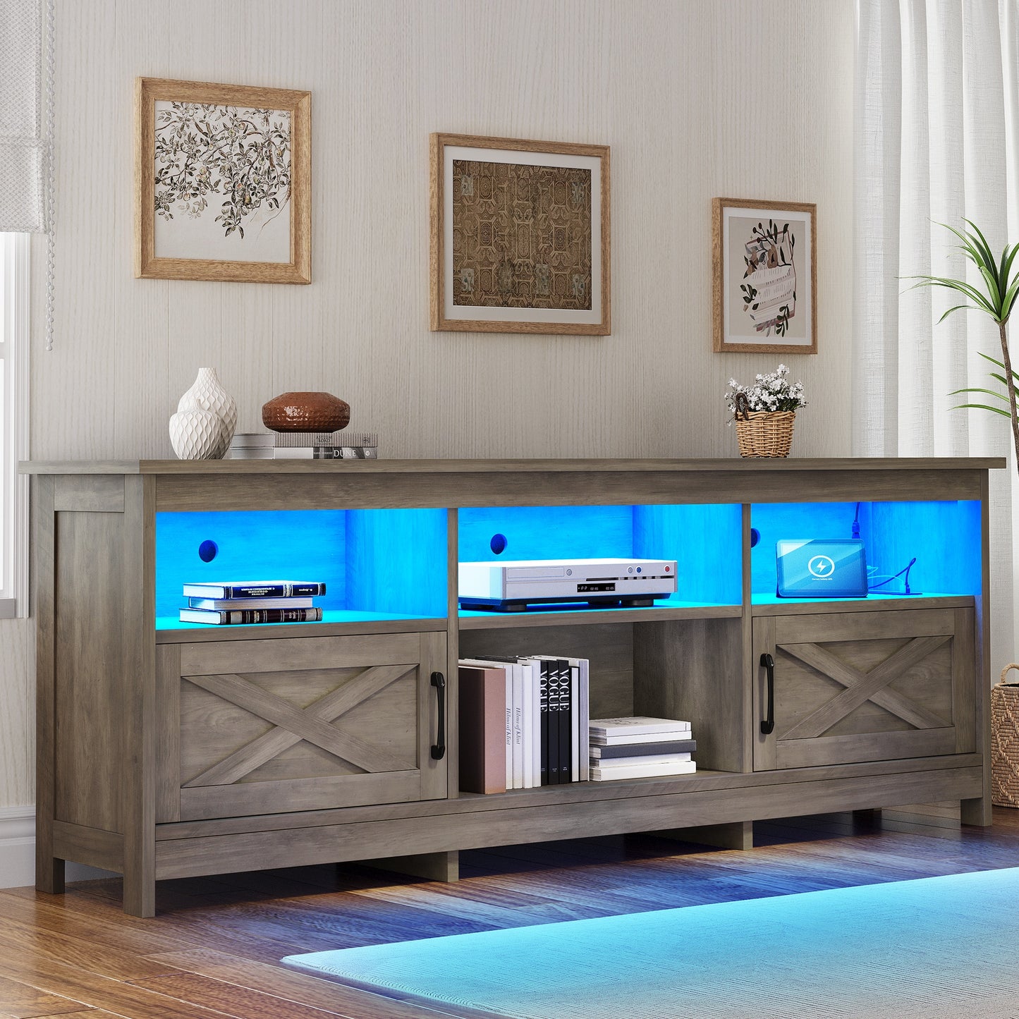 Farmhouse TV Stand for 80/75/70 Inch TVs | Closed Storage Cabinets & Open Adjustable Shelves, Modern Style Living Room Furniture, Space-Saving Design for Home Media Room Decor, Best Christmas Gift, Black/Washed Gray - YINTATE