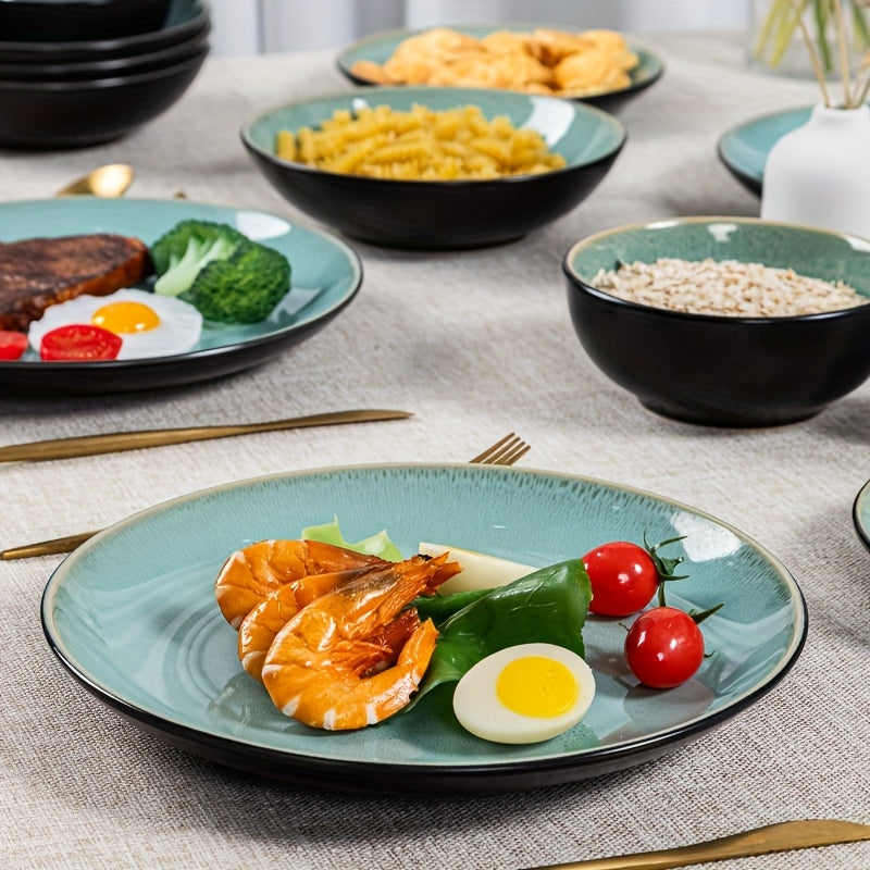 16pcs Handcrafted Kiln-transformed Green Ceramic Tableware Set, 4-person Ceramic Tableware Set - Including Dinner Plates, Salad Plates, And Cereal Bowls - Suitable For Microwave And Dishwasher, Scratch-resistant, Tableware Se