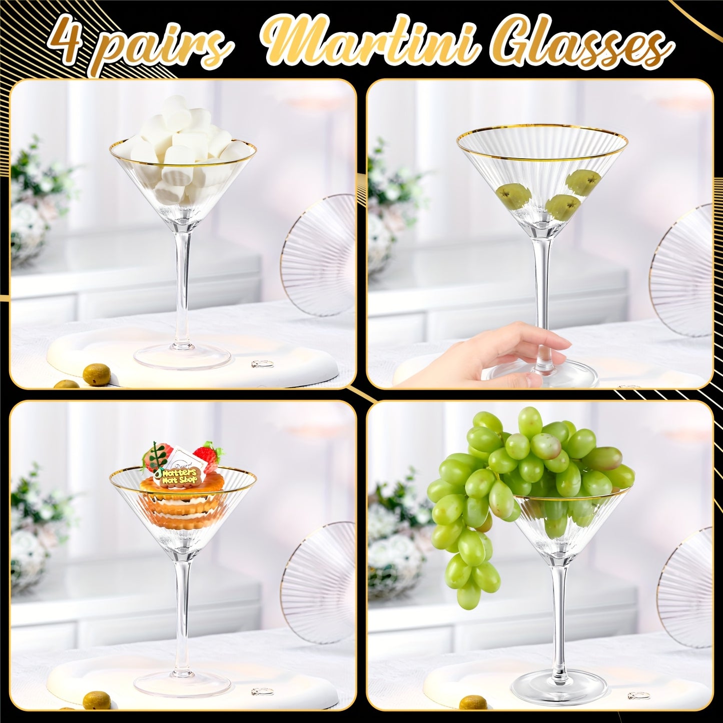 Golden Rim Martini Glasses Set Of 4 Ribbed Coupe Glasses with Stem 9oz Reusable Crystal Champagne Cocktail Margarita Whiskey Tequila Glassware for Girls Nights Wedding Housewarming Gifts