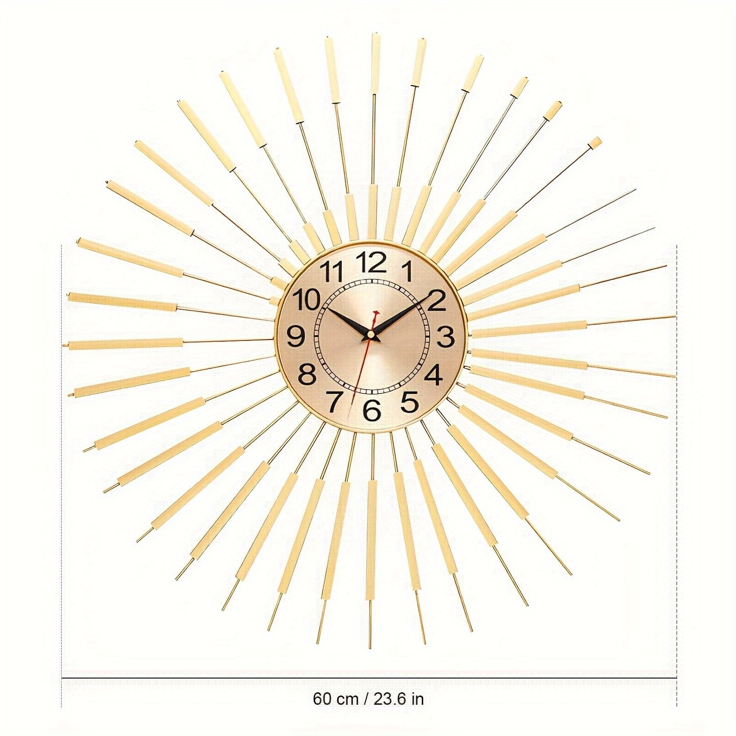 24 Inch Large Starburst Decorative Wall Clock for Living Room Non-Ticking Golden Big Modern Metal Round Wall Clocks for Kitchen, Dining Room, Office, Kitchen Clock, Contemporary Clock, Stylish Timepiece, Silent Movement, Sile