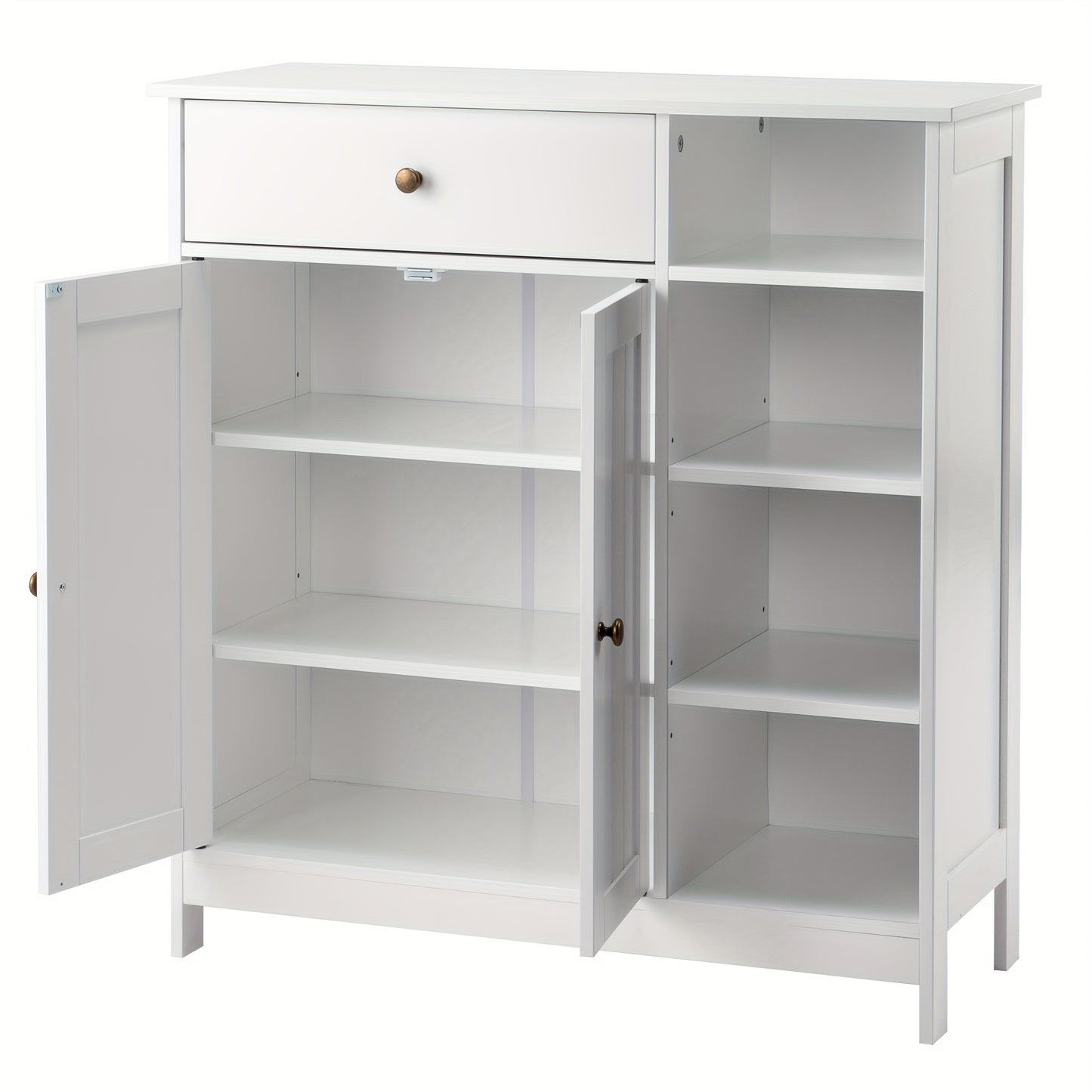 Double-Door Bathroom Cabinet with 2, Adjustable Panels, 1 Drawer and 3 Side Shelves, White