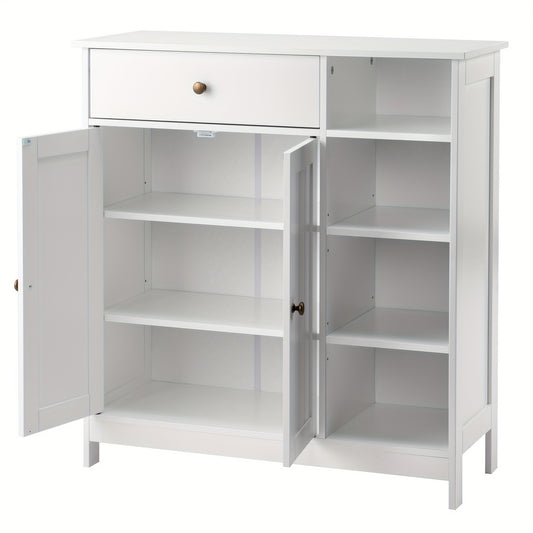 Double-Door Bathroom Cabinet with 2, Adjustable Panels, 1 Drawer and 3 Side Shelves, White