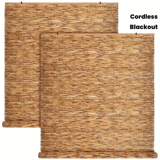 2pcs Cordless Blackout Bamboo Blinds Outdoor - Retro Roll-Up Reed Shutters with -Free Operation, Bamboo Panels for Privacy Screen &, Installation Suitable for Porch, Patio, Windows (48” W x 72” H)