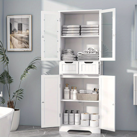 [Freestanding Bathroom Cabinet] 67" Tall Freestanding Bathroom Storage Cabinet with Glass Doors and Shelves | Large Linen Pantry Cabinet with 2 Drawers for Living Room, Kitchen, Dining Room, Office