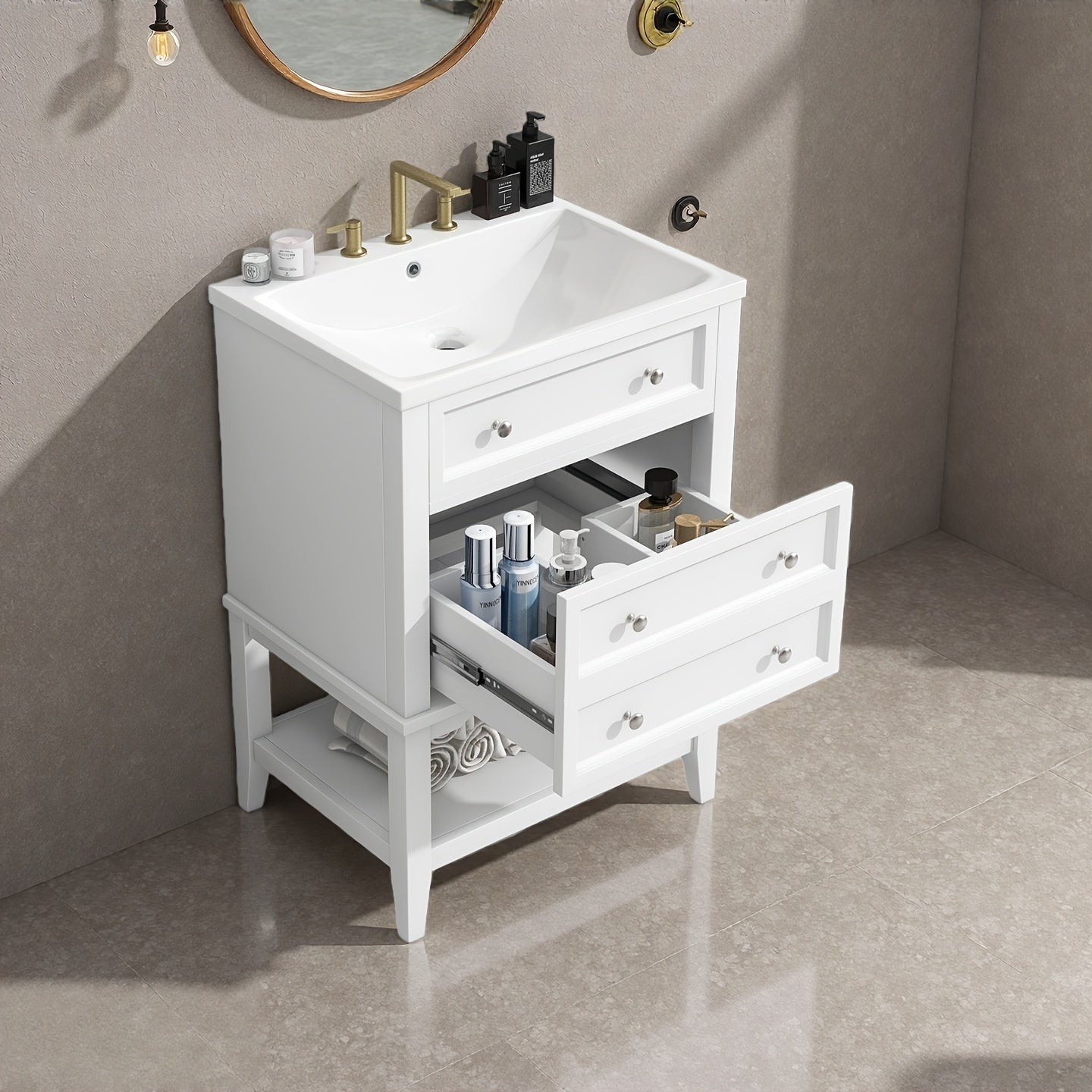 24 Inch Bathroom Vanity with Sink, Solid Wood Frame Storage Cabinet, Freestanding, White