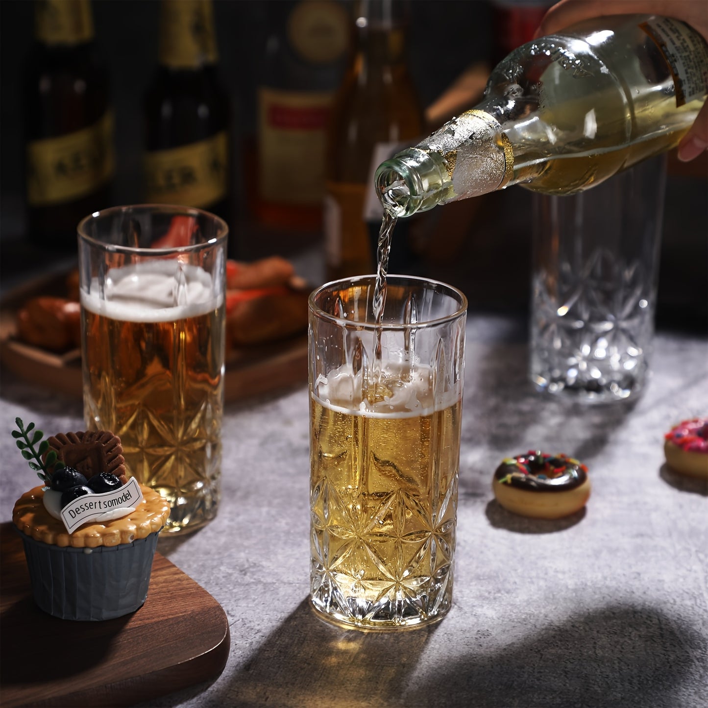 Set Of 12 Tall Highball Glasses 12oz Crystal Drinking Glasses Clear Fancy Glass Cups Vintage Textured Designer Glassware for Roostertail Tea Water Beer Soda Beverages, Dishwasher Safe, easter and wedding gift