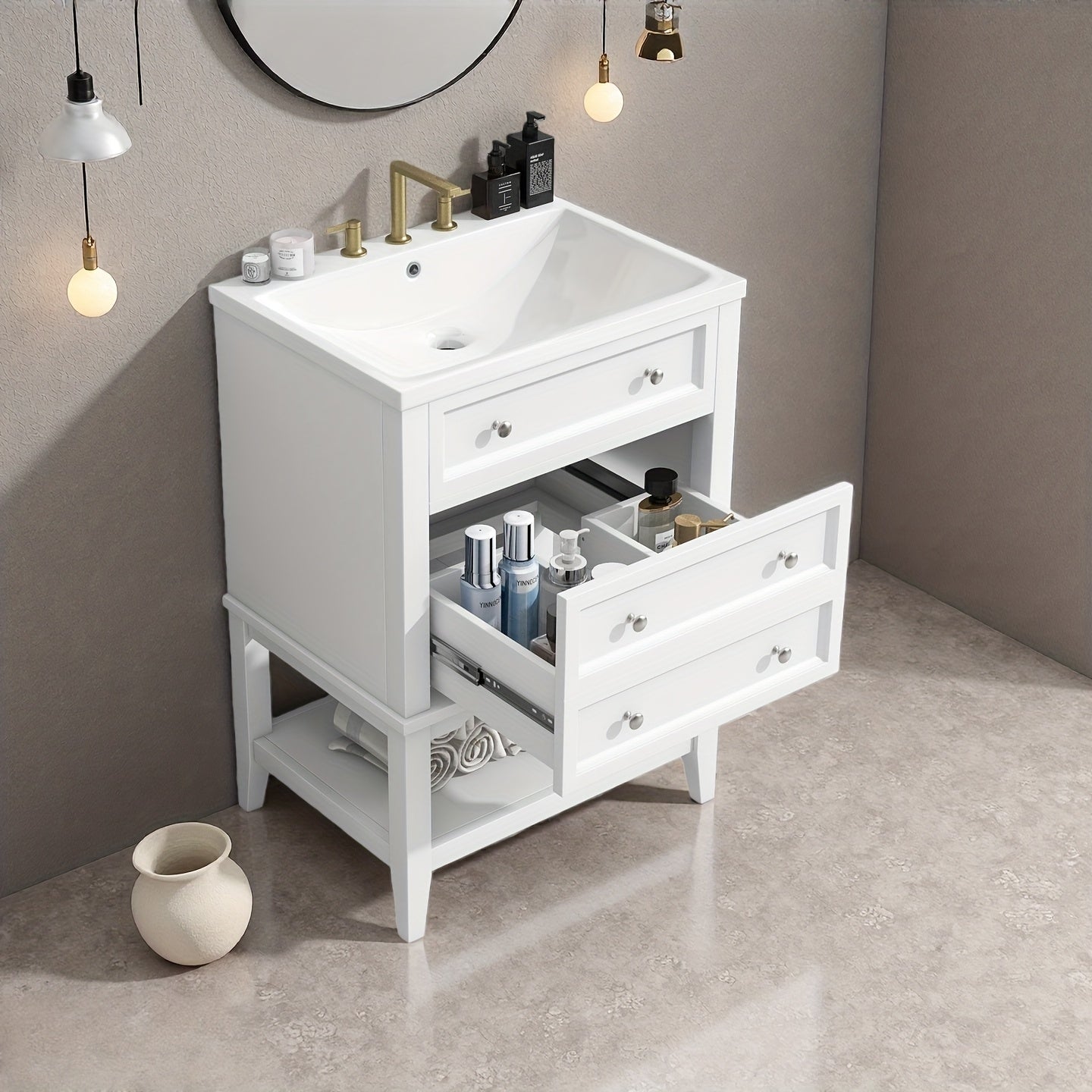 24 Inch Bathroom Vanity with Sink, Solid Wood Frame Storage Cabinet, Freestanding, White