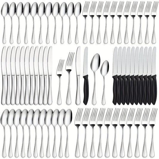 [Stainless Steel Cutlery Set] 72pcs Stainless Steel Cutlery Set - Western Dinner Silverware for Smooth Cutting, Dessert Fork, Salad Fork, Spoon, Coffee Spoon, Dessert Spoon, Hotel Restaurant, Multiple Dining, Outdoor Activiti