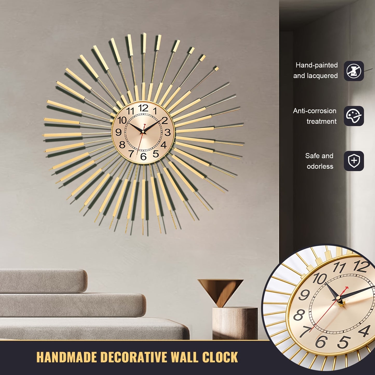 24 Inch Large Starburst Decorative Wall Clock for Living Room Non-Ticking Golden Big Modern Metal Round Wall Clocks for Kitchen, Dining Room, Office, Kitchen Clock, Contemporary Clock, Stylish Timepiece, Silent Movement, Sile