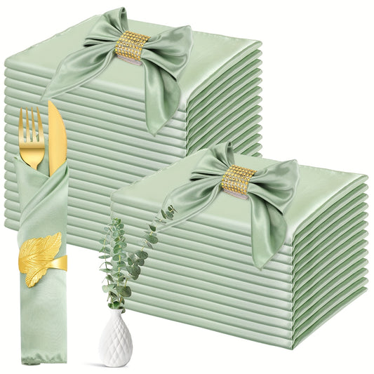 100 Pack Elegant Sage Green Satin Cloth Napkins - 17x17 Inch Large Square Reusable Table Napkins with Rounded Corners & Elegant Bow Accent, Mint-Green Luxury Party Wedding Birthday Dinner Napkins, Machine Washable for Home &