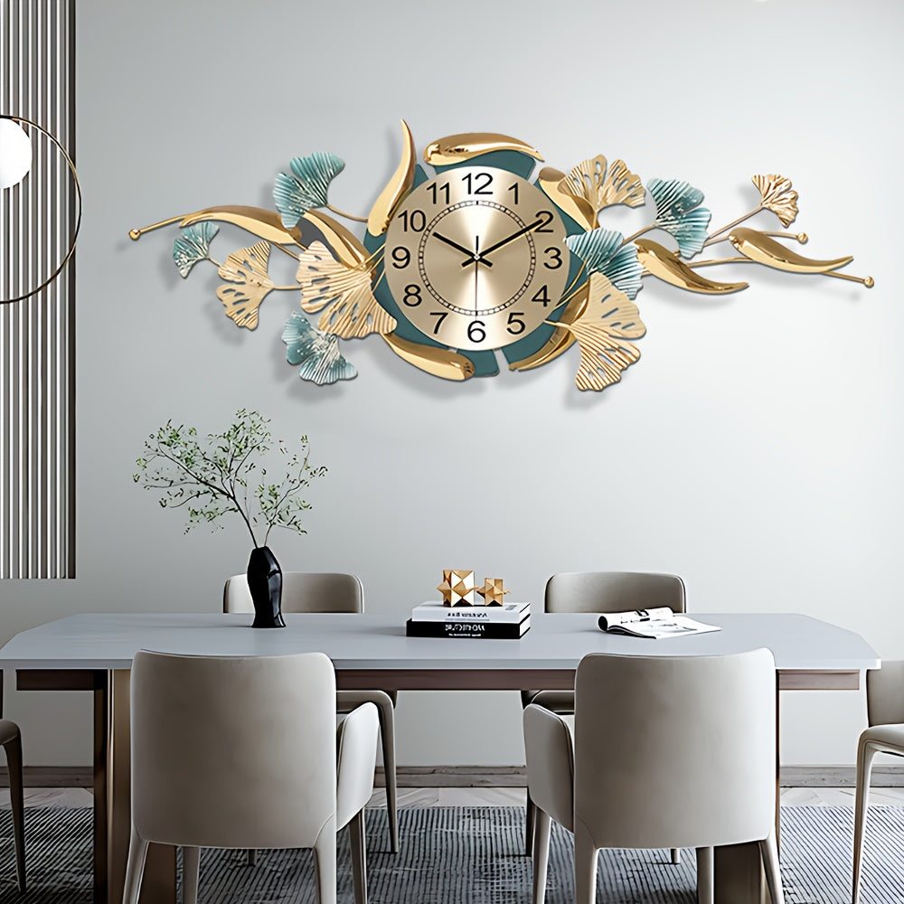 [Luxury Ginkgo Leaf Clock] Luxury Silent Non-Ticking Ginkgo Leaf Metal Wall Clock | 35x13 Inch, Perfect for Living Room, Bedroom, Office Decor
