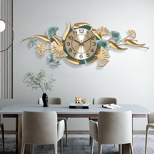 [Luxury Ginkgo Leaf Clock] Luxury Silent Non-Ticking Ginkgo Leaf Metal Wall Clock | 35x13 Inch, Perfect for Living Room, Bedroom, Office Decor