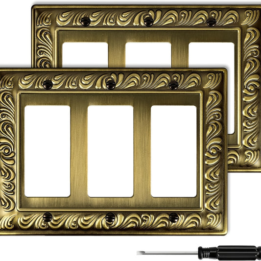 Antique Brass 3-Gang Triple Toggle Light Switch Cover Plate - Screw-In Decorative Outlet Cover with Rocker Plates for Kitchen, Bathroom Sockets (Triple Pole Toggle Switch)