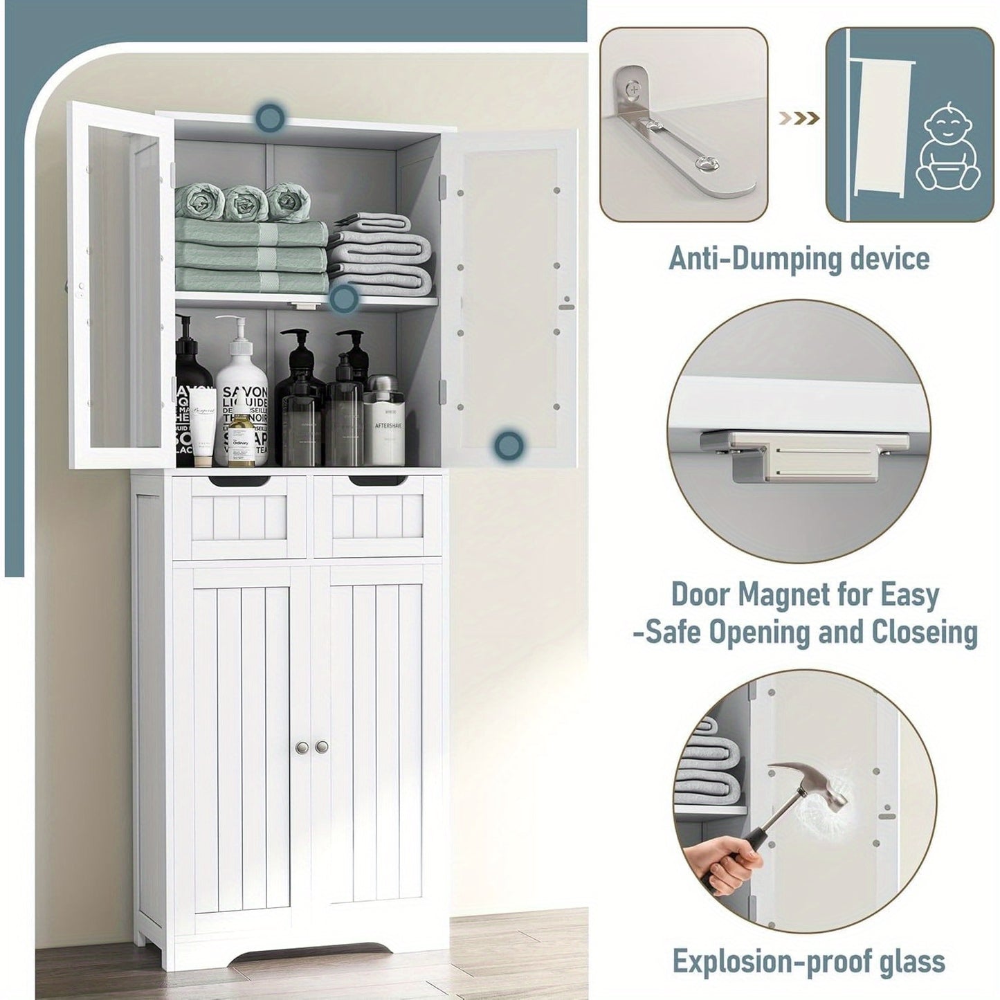 [Freestanding Bathroom Cabinet] 67" Tall Freestanding Bathroom Storage Cabinet with Glass Doors and Shelves | Large Linen Pantry Cabinet with 2 Drawers for Living Room, Kitchen, Dining Room, Office